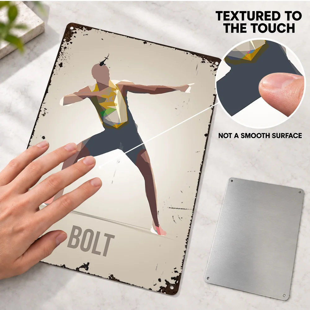 Usain Bolt Pointing Pose Textured Metal Poster Customized Aluminum Sign Signature Sprint Illustration Wall Art For Training Room