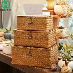 WHISM-Wicker Woven Storage Basket with Lid, Rattan Sundries Storage Box, Handmade Sorting Boxes, Seagrass Jewelry Organizer