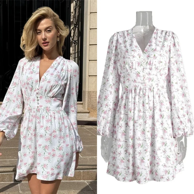 

Vintage French Floral Long Sleeve Dress Lace-Trimmed Deep V Empire Waist Dress Women's Tiered Sleeve Corset Belted Midi Dress