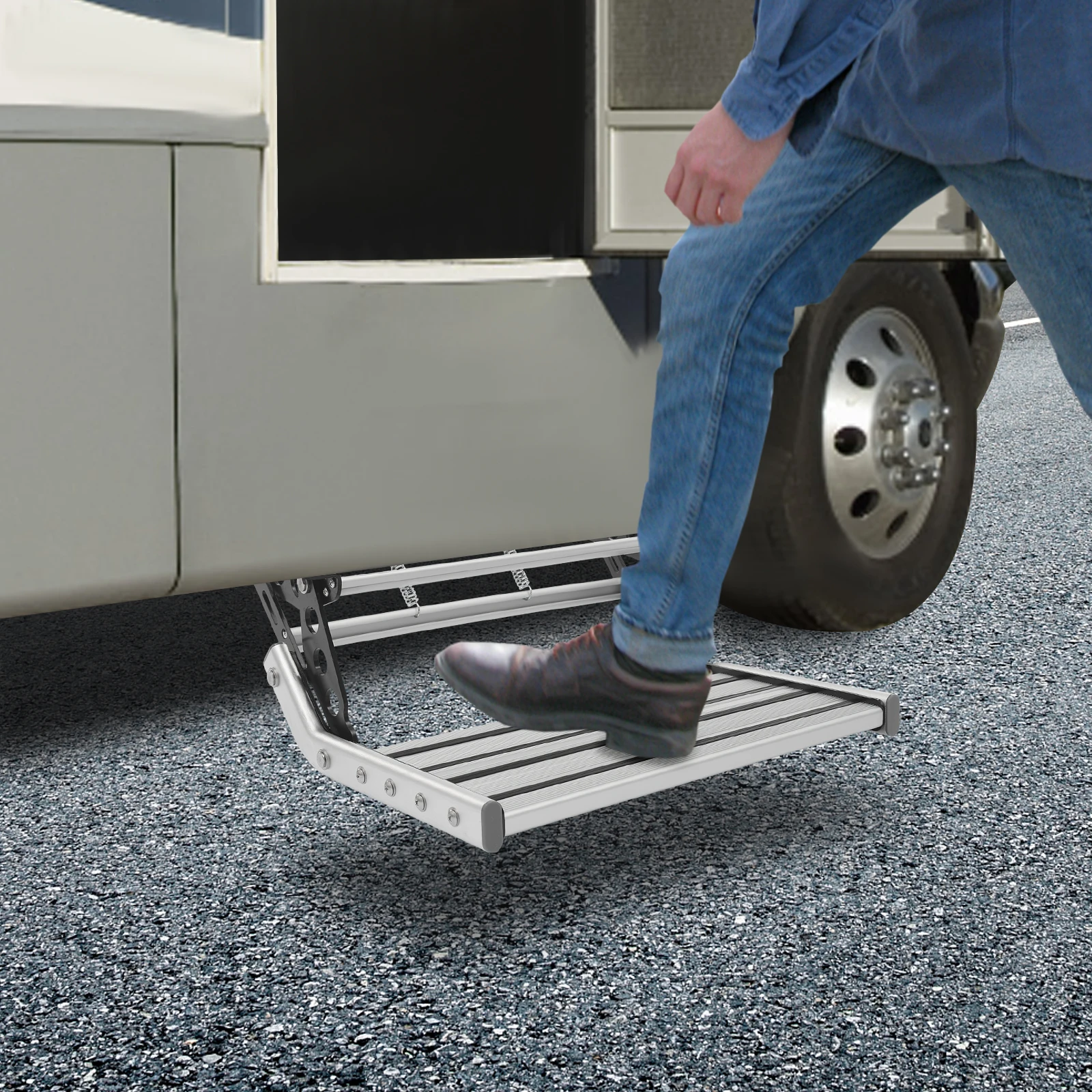 RV Steps, Aluminum Alloy Folding Boat Ladder, Manual Single Step With LED Strip, Durable Anodized, High Load Capacity 150kg, Rustproof, Space Saving, for Camper, Motorhome, Marine Deck Access, Dock, Outdoor Portable Stair  Boat Ladd