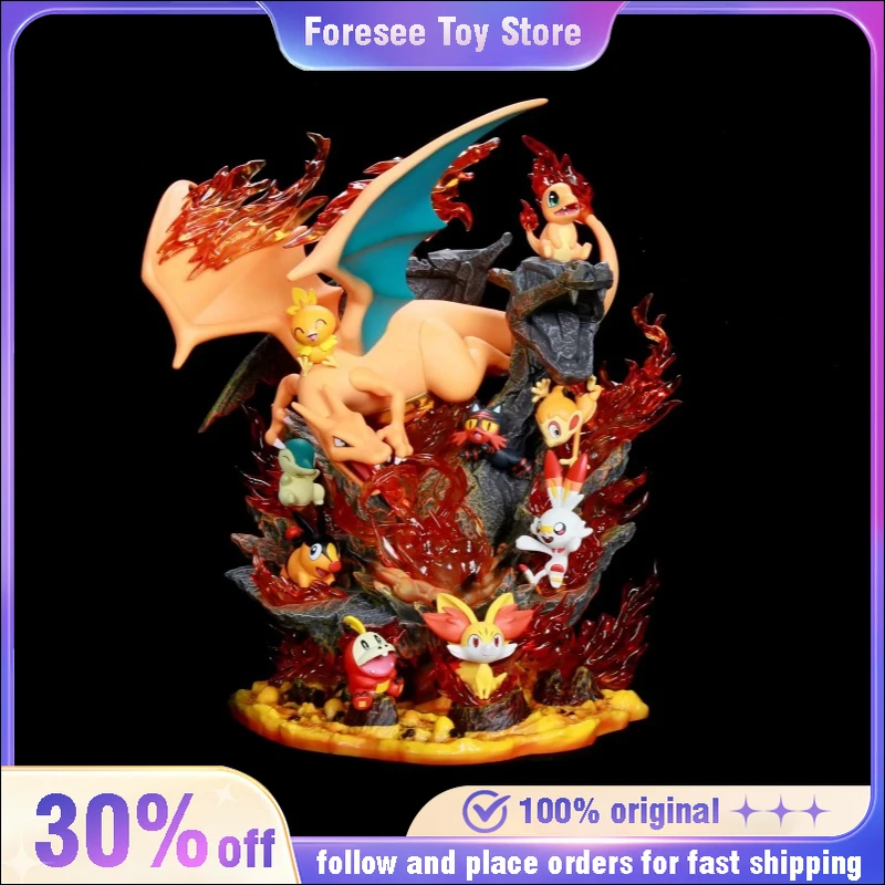 32cm Pokemon Charizard Family Anime Figure with Light Gk Collectible Action Figurine Statue Model Desk Decors Christmas Gift