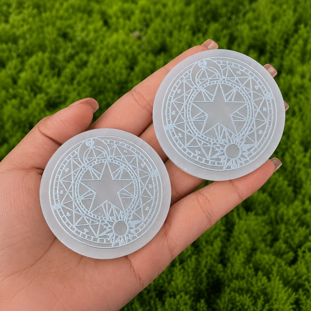 Natural Selenite Round Charging Plate Norse Viking Tree of Life Huginn Muninn Raven Symbol Crystal Slice Home Decor Stone