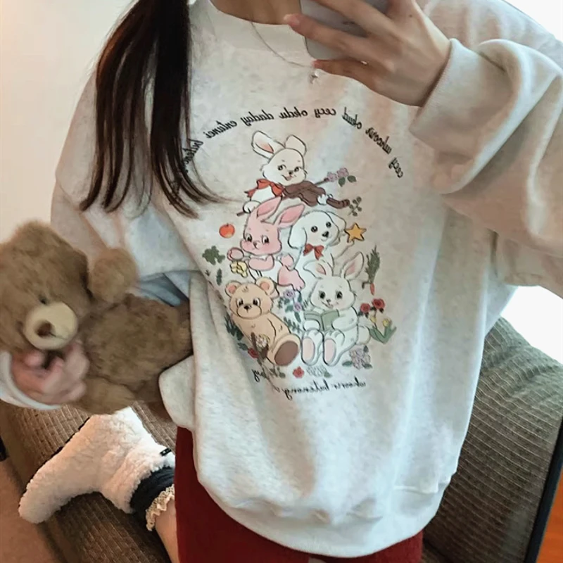 American Thick Velvet Winter Sweatshirt Women Girls Lovely Cute Rabbit Anime Hoodie O-neck Oversized Gray Y2K Top Kawaii Clothes