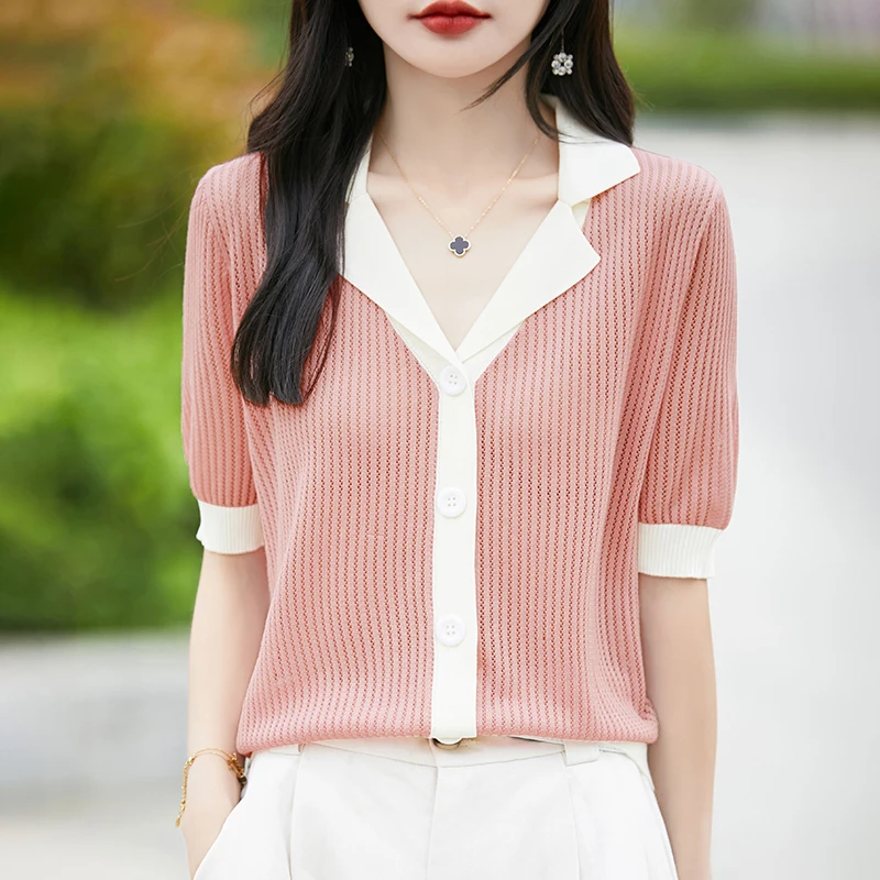 Women New Summer Wool Silk Sweater T-shirt Short-sleeve Tailored Collar Cardigan Tees Slim Contrasting Colors Knitted Tops