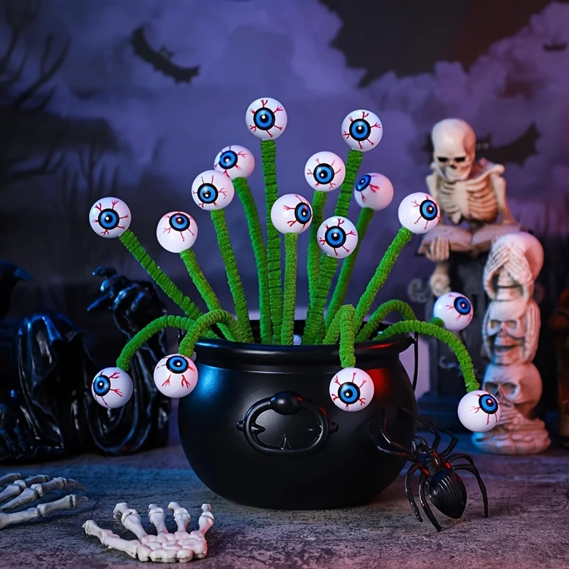 Halloween Creepy Bloodshot Eyeball Desktop Decoration, Bendable Pipe‑Cleaner Twig with Faux Spooky Eyeballs, Tabletop Party