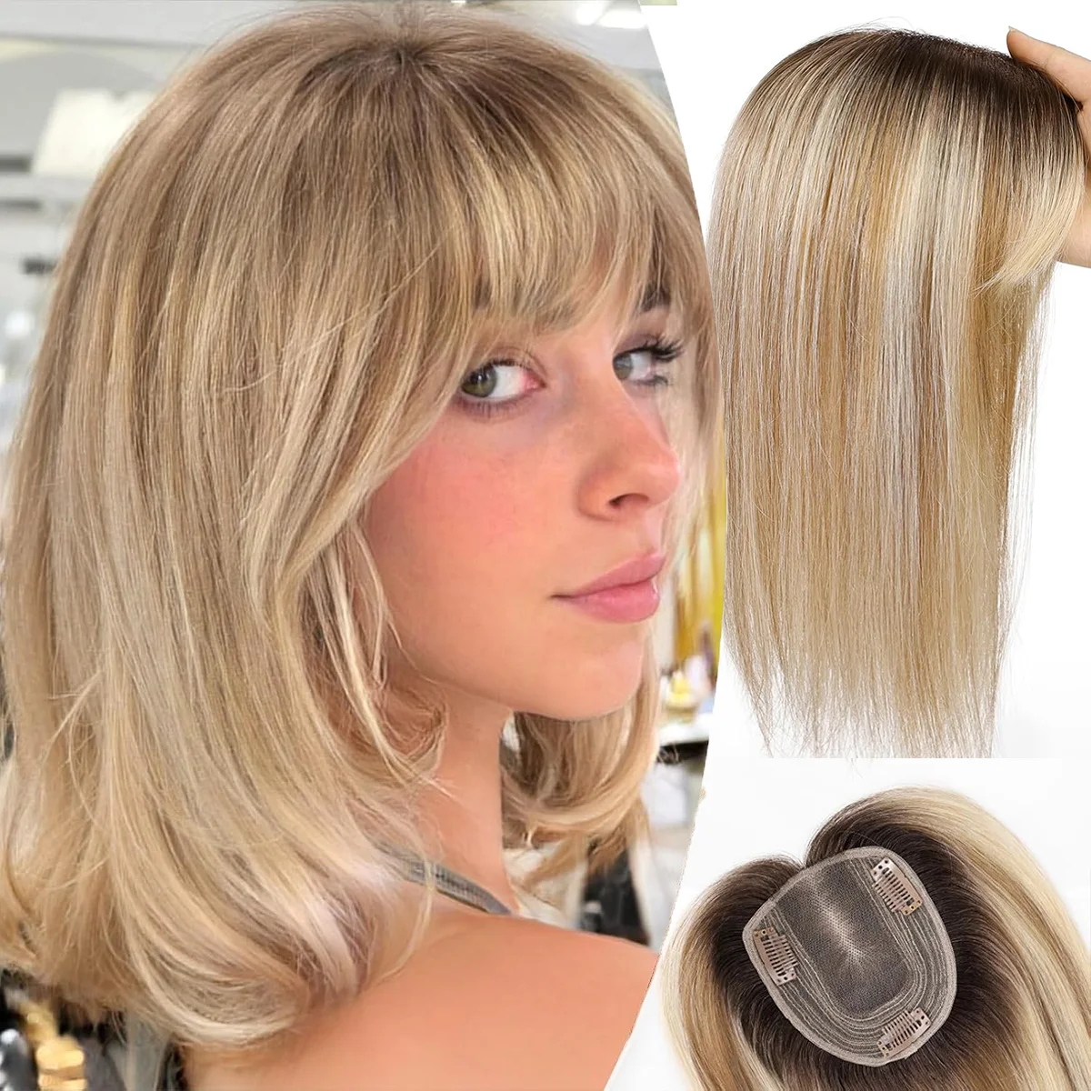 12in Clips in Human Hair Toppers for Women Real Human Hair Pieces Brown Blonde Highlight 10*12cm Silk Base Toppers for Women
