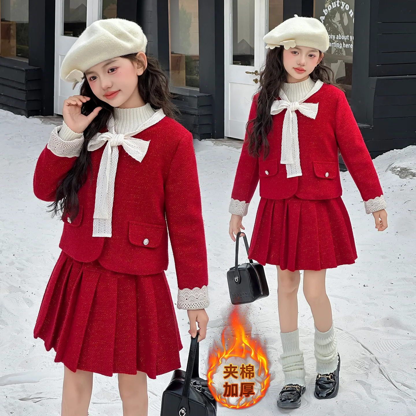 French design chic teen girl skirts clothes set red Thick lace patchwork jacket+pleated skirt 2pcs junior kid suit child outfits