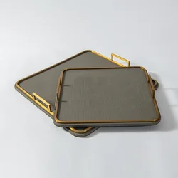 Light Luxury Leather Tray Square Metal Frame Decorative Tray Service Pallet Family Storage Ornaments Cosmetic Jewelry Organizer