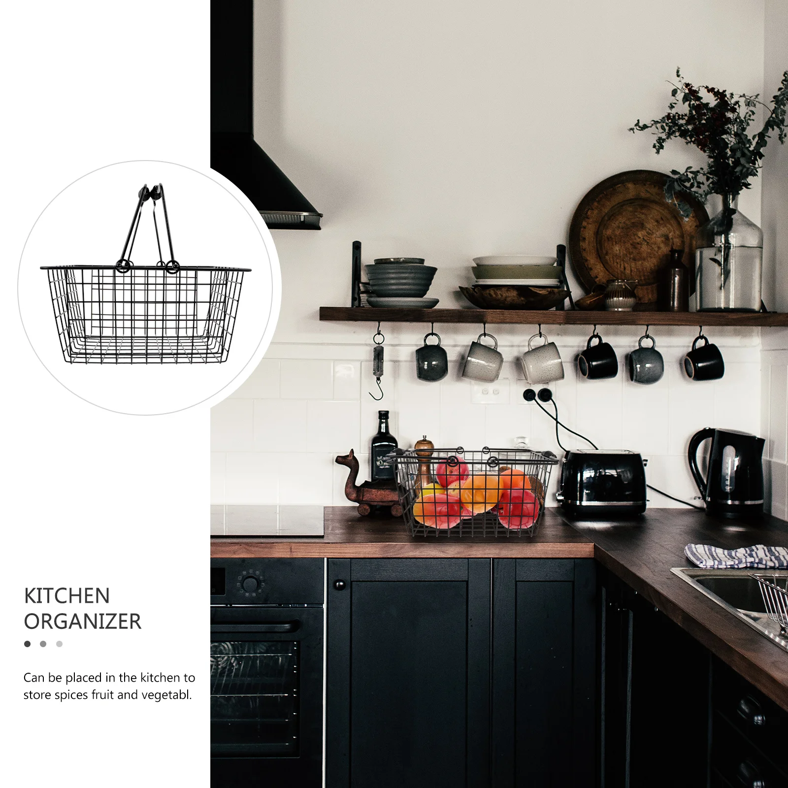 

1Pcs Portable Kitchen Organizer Metal Drain Basket Black Vegetable Fruit Fruit Storage Multipurpose Basket Kitchen Organizer