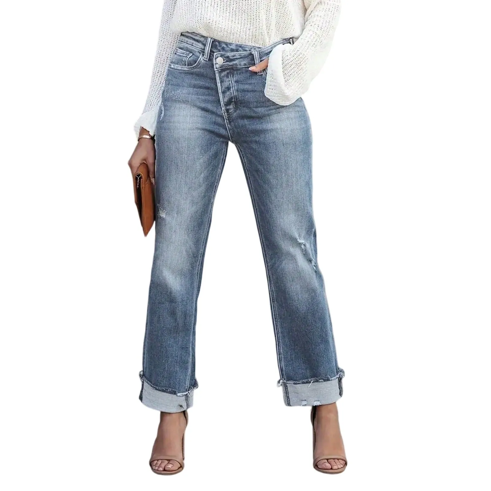 

Ladies' Fashion Washed Casual Versatile Mid Waist Straight Leg Jeans With Fringed Edges Chic Irregular Button Comfy Pants