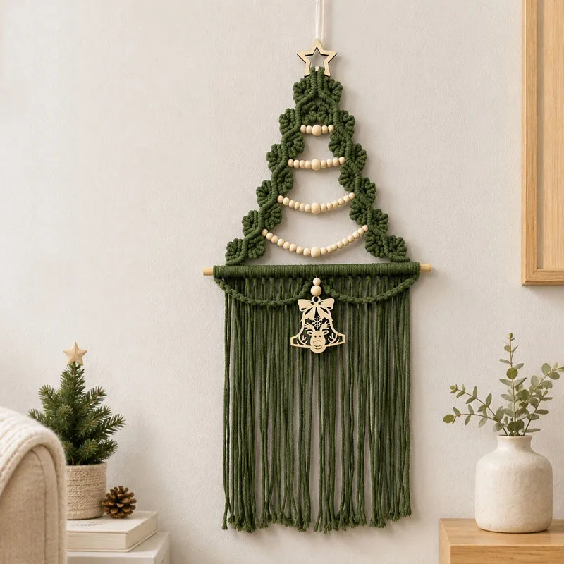 Christmas Tree Macrame Wall Decor Handmade Weaving Tassel Tapestry Wooden Beads Bell Pendant Wall Hanging Xmas Tree Decoration