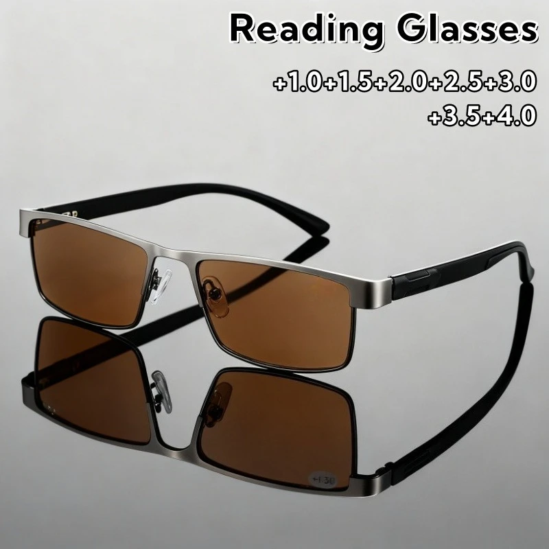 

Men's Metal Business Reading Glasses Fashion Tea Color Lenses Full Frame Personality HD Comfortable Eyeglasses +1.0 To +4.0