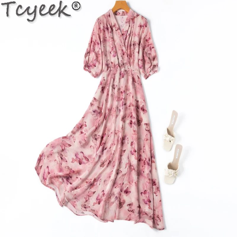 Tcyeek 100% Mulberry Silk Dress Elegant Women's Dresses 2024 Long Dresses for Women Clothes Summer Dress Vestidos Para Mujer