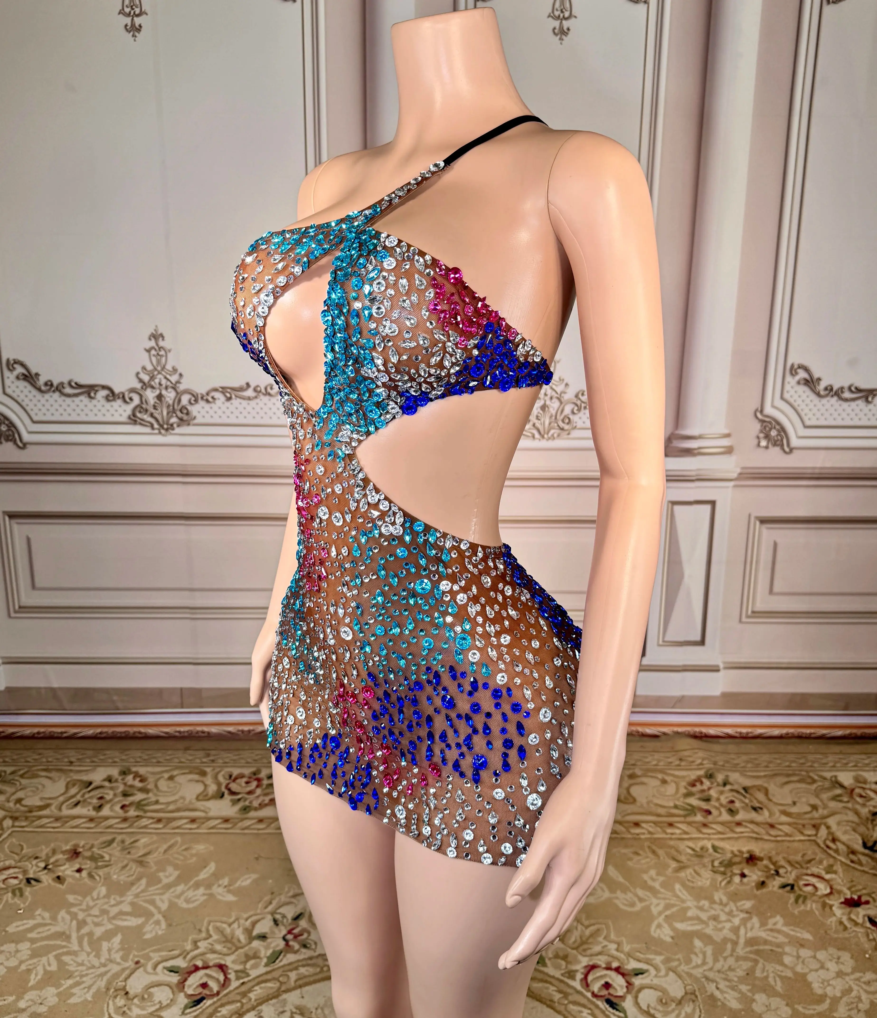Sexy Stage Flashing Colorful Rhinestones Backless Dress Evening Birthday Celebrate Costume Sleeveless Photoshoot Dress