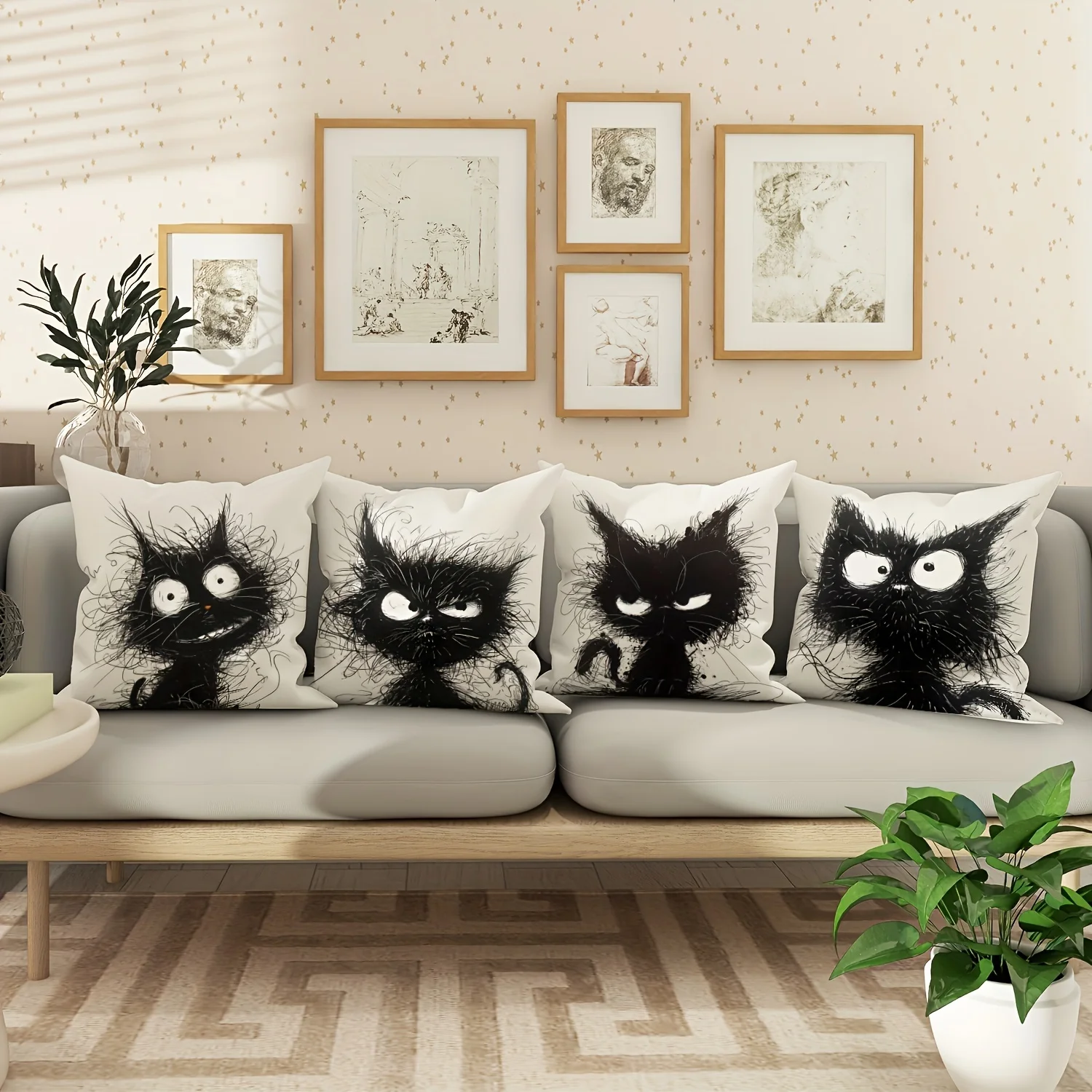 Contemporary Style Throw Pillow Covers with Whimsical Cat Design,Machine Washable for Various Room Decor, 18x18 inches