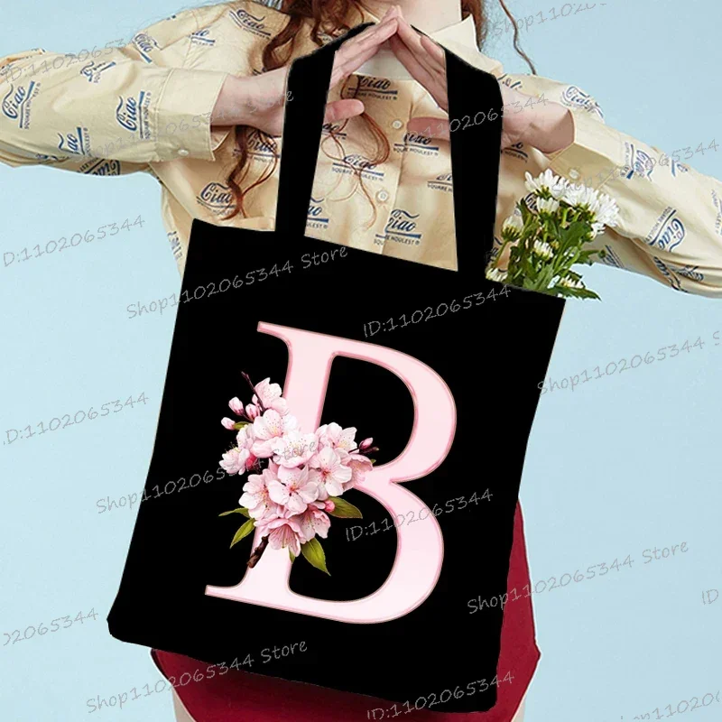 Sakura Letter Series Shoulder Bag Vintage Aesthetics Alphabet Women Tote Bag Students Large Capacity Storage Books Canvas Bag