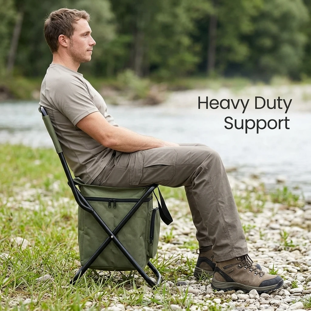 Folding Camping Chair with Cooler Bag Portable Outdoor Fishing Stool with Backrest for Hiking Beach Sketching