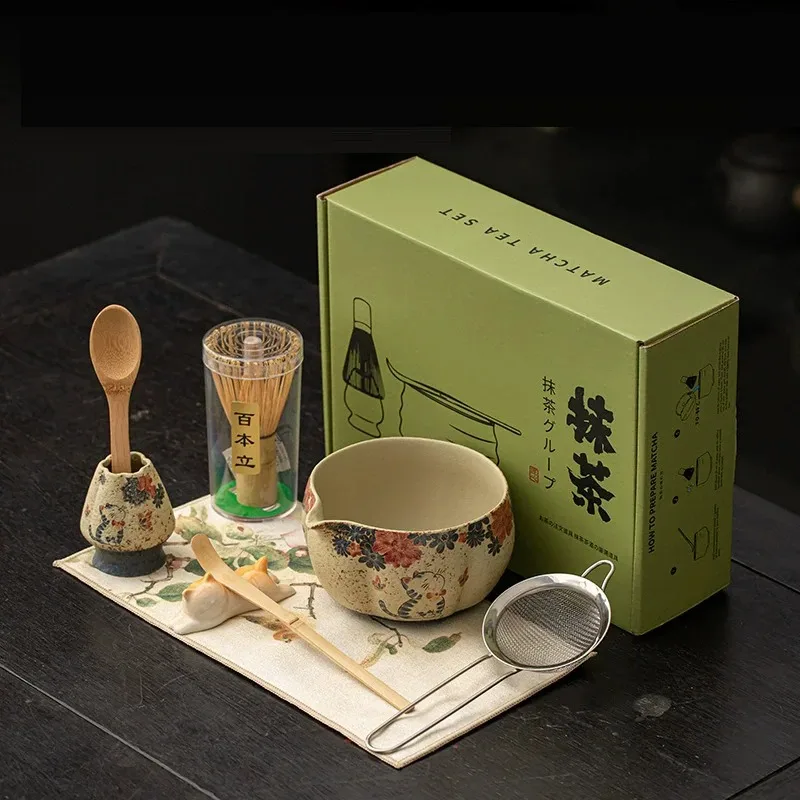 8PCS Japanese Flint red Matcha Making Set Bamboo Matcha Brush Exquisite Matcha Bowl Box with Whisk Sumptuous Tea Tools Gifts