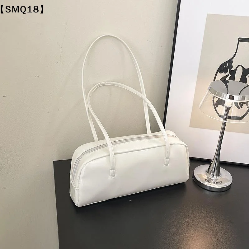 Glossy PU Leather Long Shoulder Bag Dual Handles Zipper Closure For Daily Commute Shopping【SMQ】