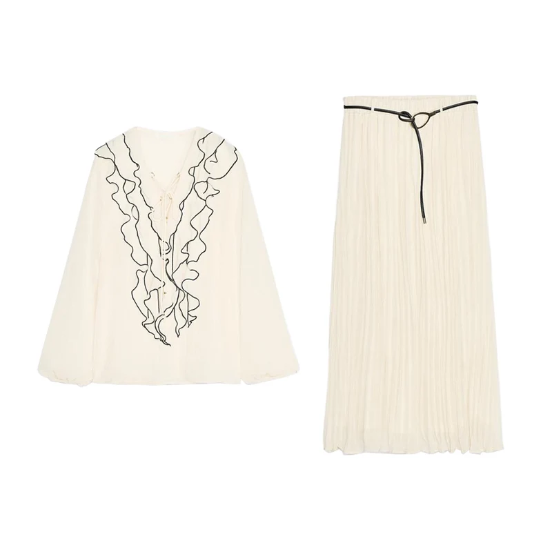 Long Sve V Ne Layered Decorative Semi Transparent irt with Belted Midi Skirt Faionable Two Piece Set Summer 2025