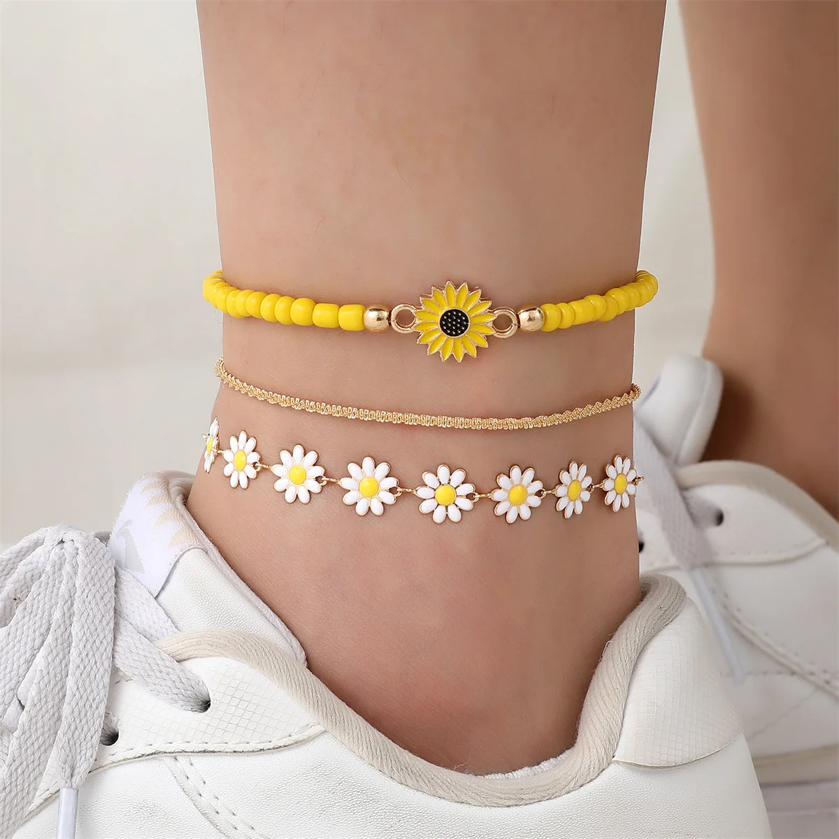 Sweet Daisy Flower Anklets For Women Colorful Sunflower Sandals Barefoot Ankle Bracelet Summer Beach Floral Foot Chain Jewelry