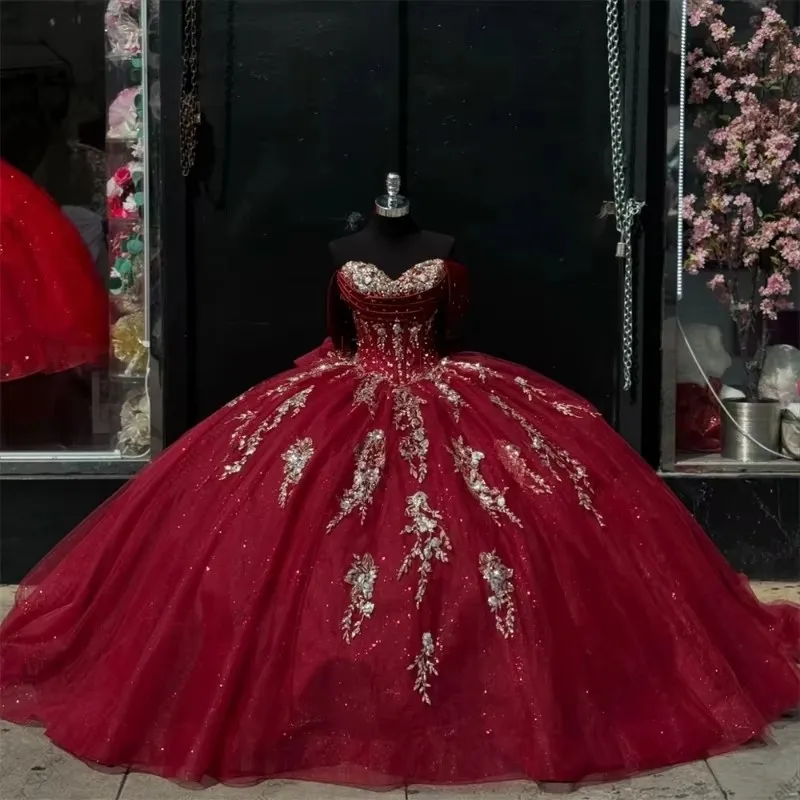 Angelsbridep brilhante borgonha vestidos quinceanera com arco ouro renda festa de aniversário querida princesa vestidos de 15 anos