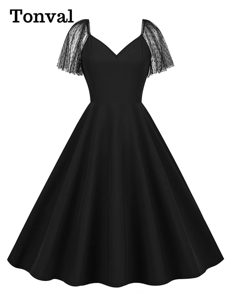 Tonval Elegant Green Plain Birthday Summer Dress V-Neck Mesh Sleeve Evening Cocktail Party Women Vintage Swing Dresses