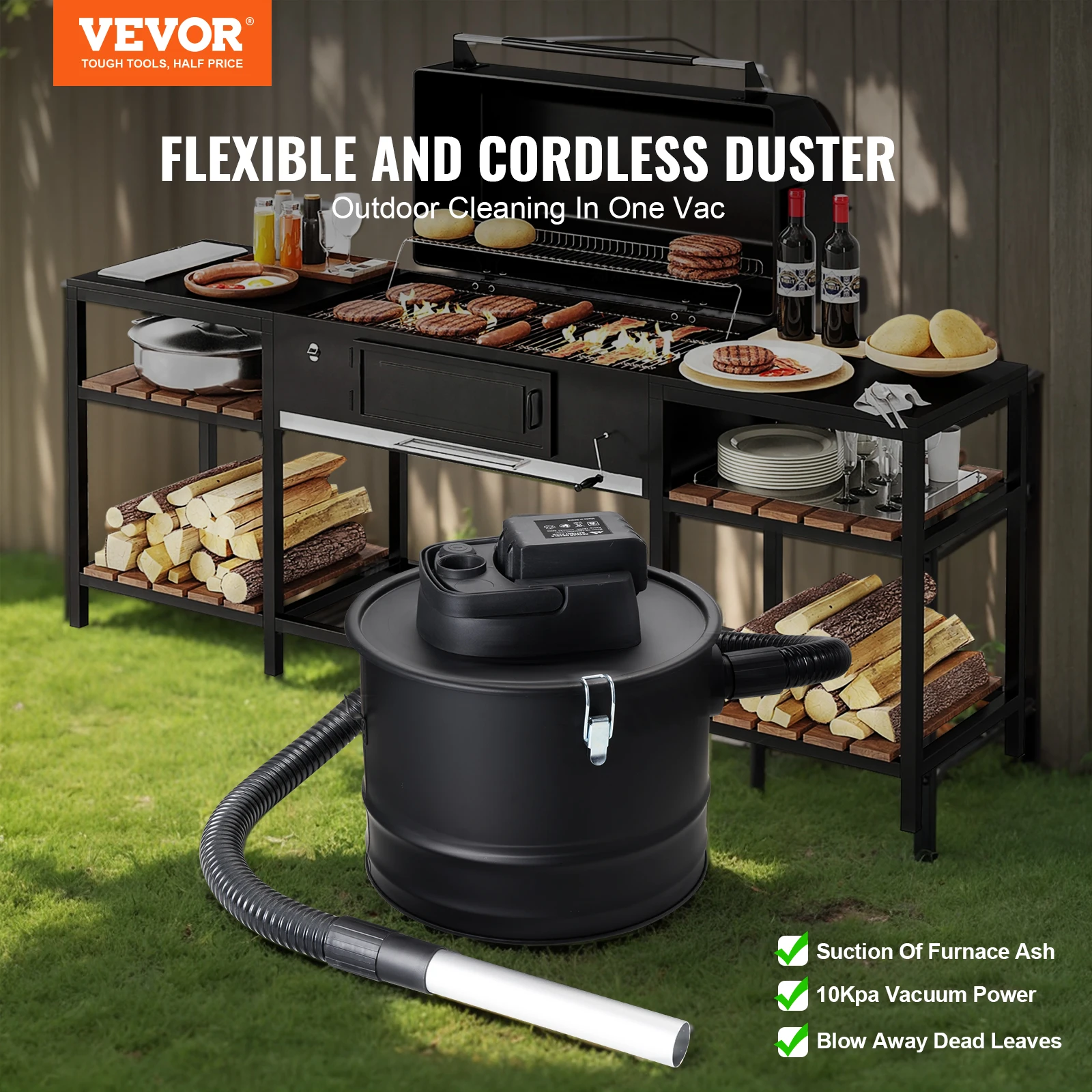 VEVOR Ash Vacuum Cleaner Powerful Suction Fireplace Vacuum with Reverse Suction Power Cable 10 Kpa Max. Vacuum for Fireplaces