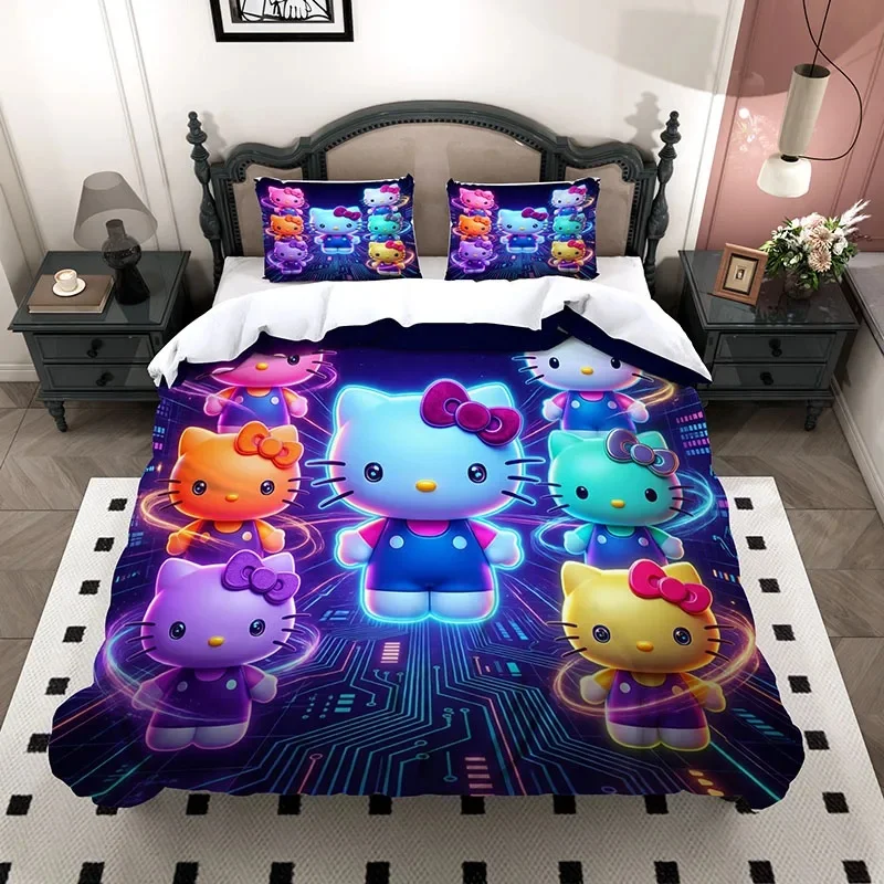 Cute Hello Kitty Bedding 3 Piece Set, 3D Y2K Neon Glow Cyber Tech Hello Kitty Microfiber Duvet Cover For Teen Girls Room Decor