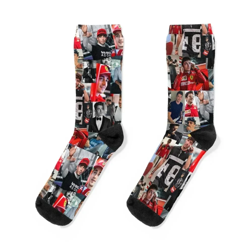 

Charles Leclerc Monacan motorsports racing driver Collage Socks with print colored new year Socks For Women Men's