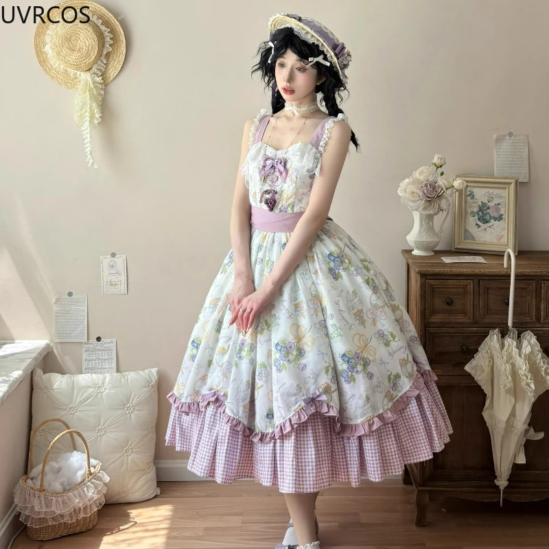 Japanese Sweet Lolita Jsk Dress Women Vintage Elegant Ruffles Lace Bow Strap Dresses Harajuku Y2k Kawaii Tea Party Mini Dresses view 2