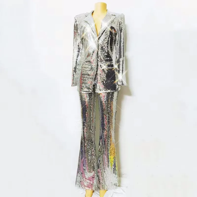 

Women Silver Sequins Pantsuits Singer Concert Stage Performance Shiny Sequined Blazers Pants Set Evening Party Host Costume