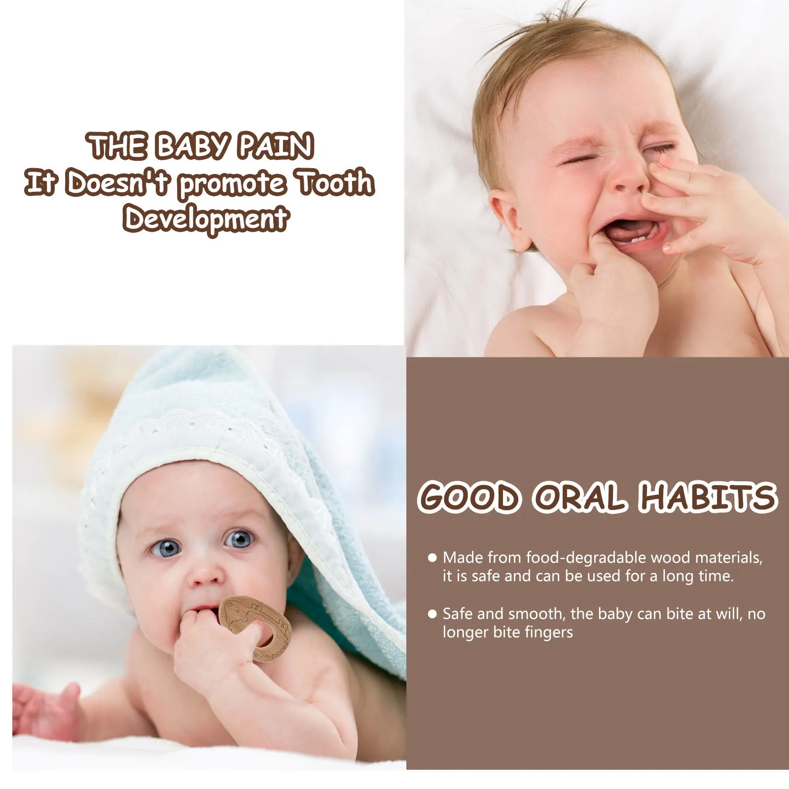 10 pçs faia de madeira pingente do bebê adorável padrão dos desenhos animados molar mordedor chupeta corrente diy decoração faia brinquedo crianças brinquedo de madeira