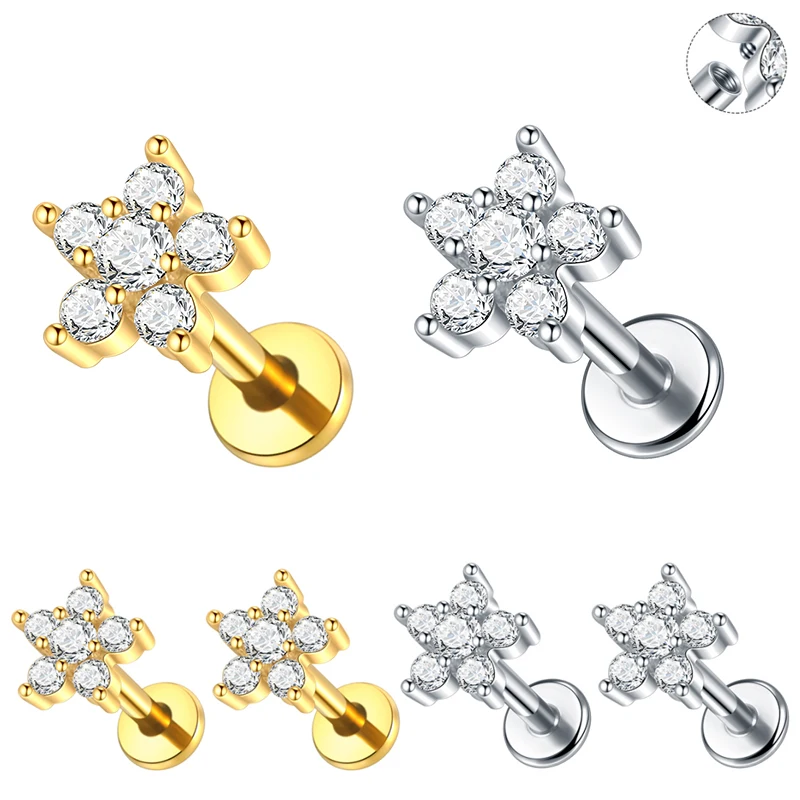 1PC 16G Tiny Flower CZ Stud Earring Tragus Helix Rook Conch Labret Stud 316L Stainless Steel Flat Back Cartilage Piercing  Women