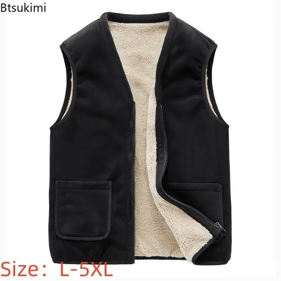 

New Men's Thicken Lamb Fleece V-neck Vests Autumn Winter Warm Zipper Vest Coat Casual Sleeveless Pocket Jacket Waistcoat for Men