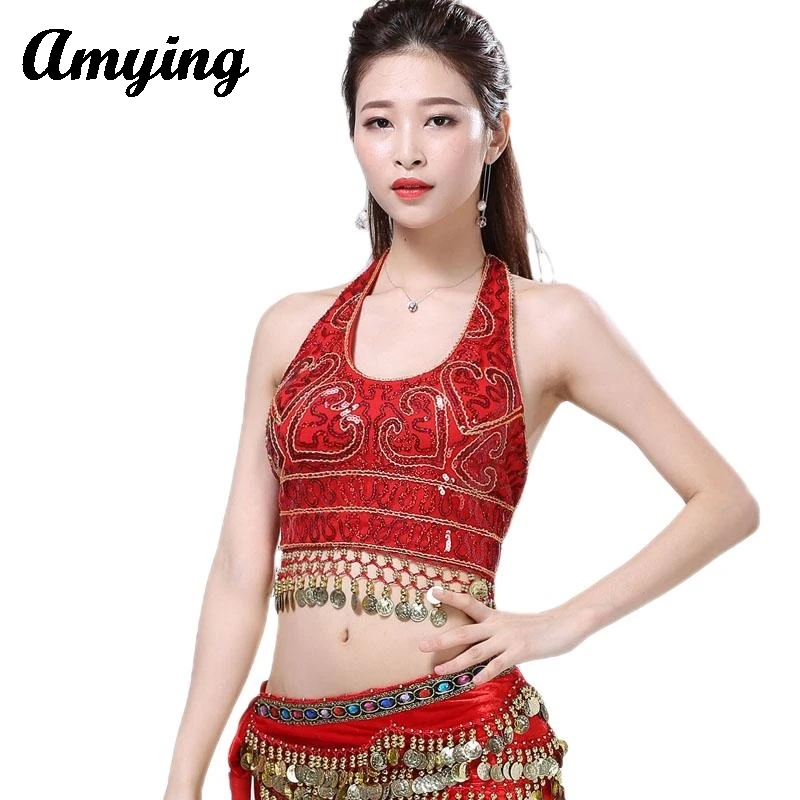 2024 New Women Shiny Hang Coin Stage Tassel Top Sequin Performance Dress Wrap Chest Sparkly Belly Dance Bra Ladies Dancer Wear