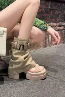 Summer Fashion Girls Black Apricot Cloth Square Open Toe Platform 9 cm Chunky Heels Mid-calf Boots Women Two Ways Sandals Shoes image 6