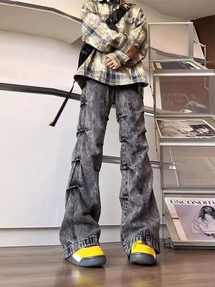 

2000s American Vintage Gothic Black Y2K Washed Spliced Raw Edge Jeans Mens Loose Street Trend Hip Hop Rap Wide Leg Pants