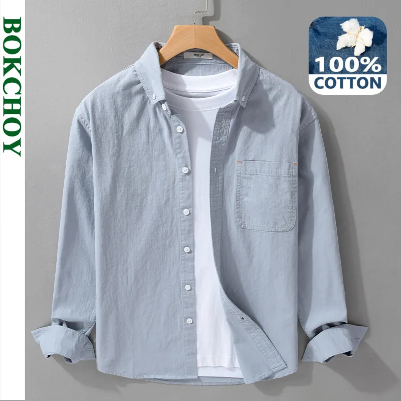 Simple Solid Color 100% Cotton Shirts for Men Clothing Casual Big Pocket Soft Long Sleeve Men Shirts FY3109