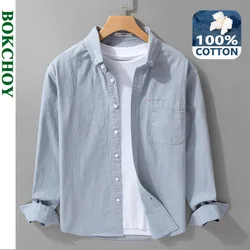 Simple Solid Color 100% Cotton Shirts for Men Clothing Casual Big Pocket Soft Long Sleeve Men Shirts FY3109