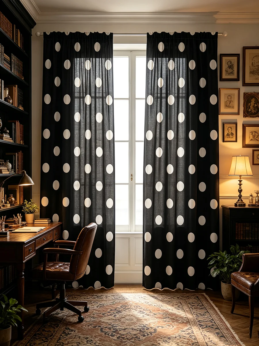 2PCS Digital Printed Curtains, Black White Polka Dot Pattern, Classic Retro Style for Living Room Bedroom Kitchen Home Decor