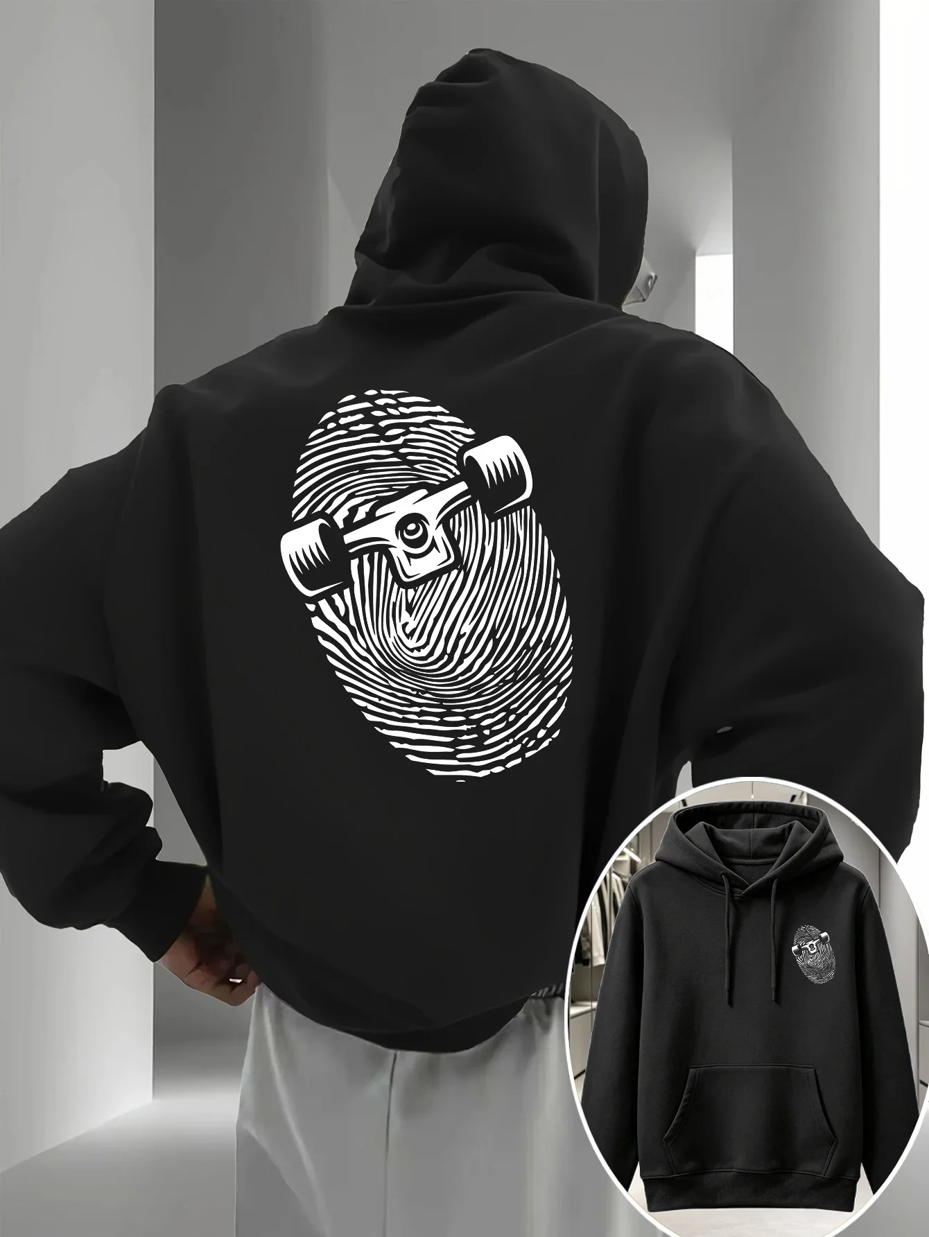 Unisex Fleece Hoodie Creative Fingerprint Skateboard Back Graphic Hip Hop Street Loose Pullover Sweatshirt Autumn Winter