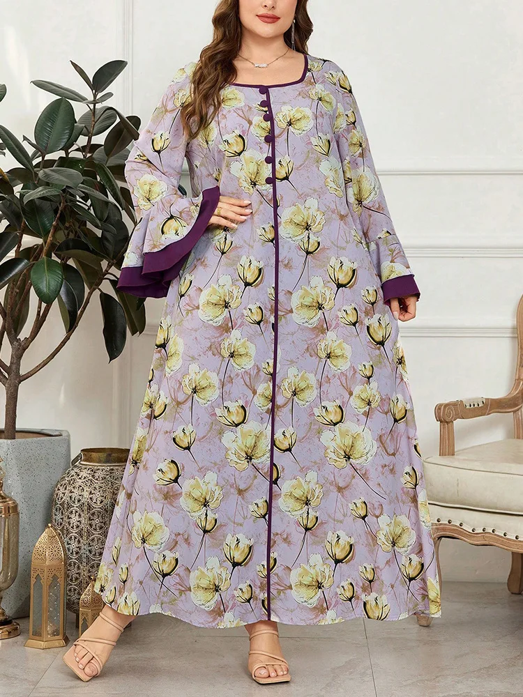 GIBSIE Plus Size Floral Print Flared Sleeve Dress Women 2026 Spring New Button Detail Vintage Loose Maxi Long Dresses Woman