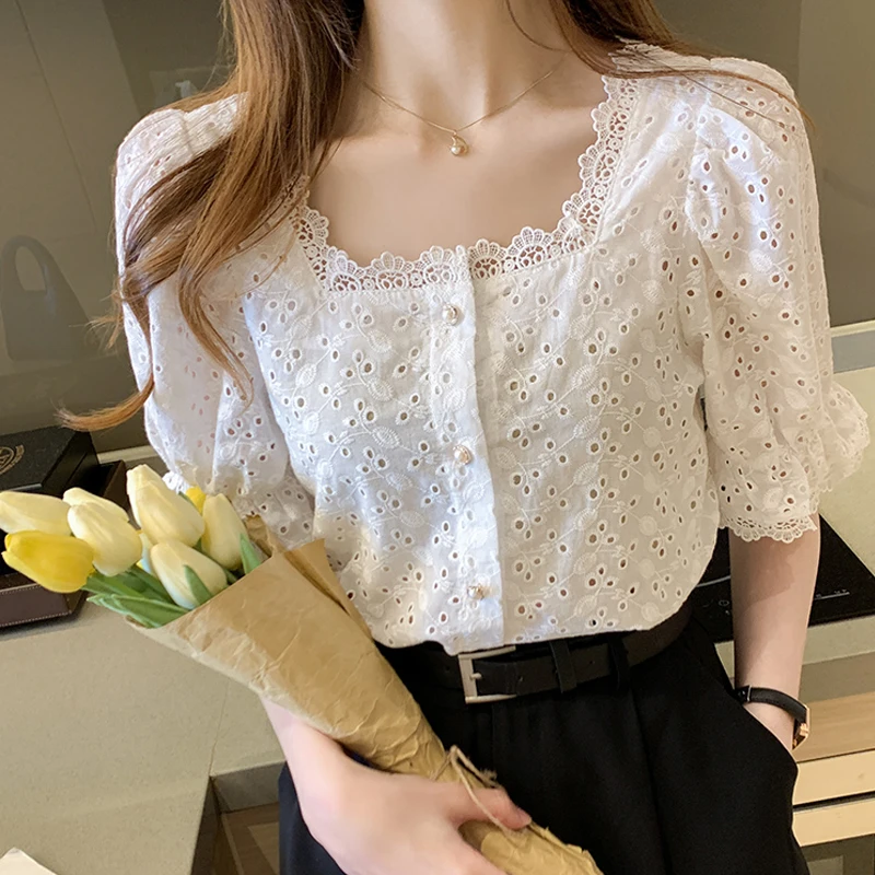 

Summer Short Sleeve Woman Shirts Fashion White Blouse Woman 2025 Elegant Square Collar Hollow Out Korean Lace Shirt Blusas 13934