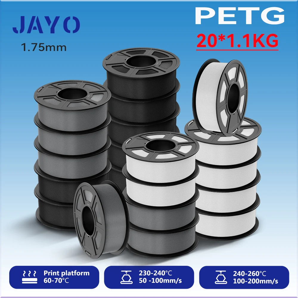JAYO 20 Rollen PETG 3D-Drucker-Filament 1,75 ±0,02 mm 1,1 kg/Rolle BK+WT+GY Hochfestes, ordentlich gewickeltes Filament, passend für die meisten FDM-Drucker