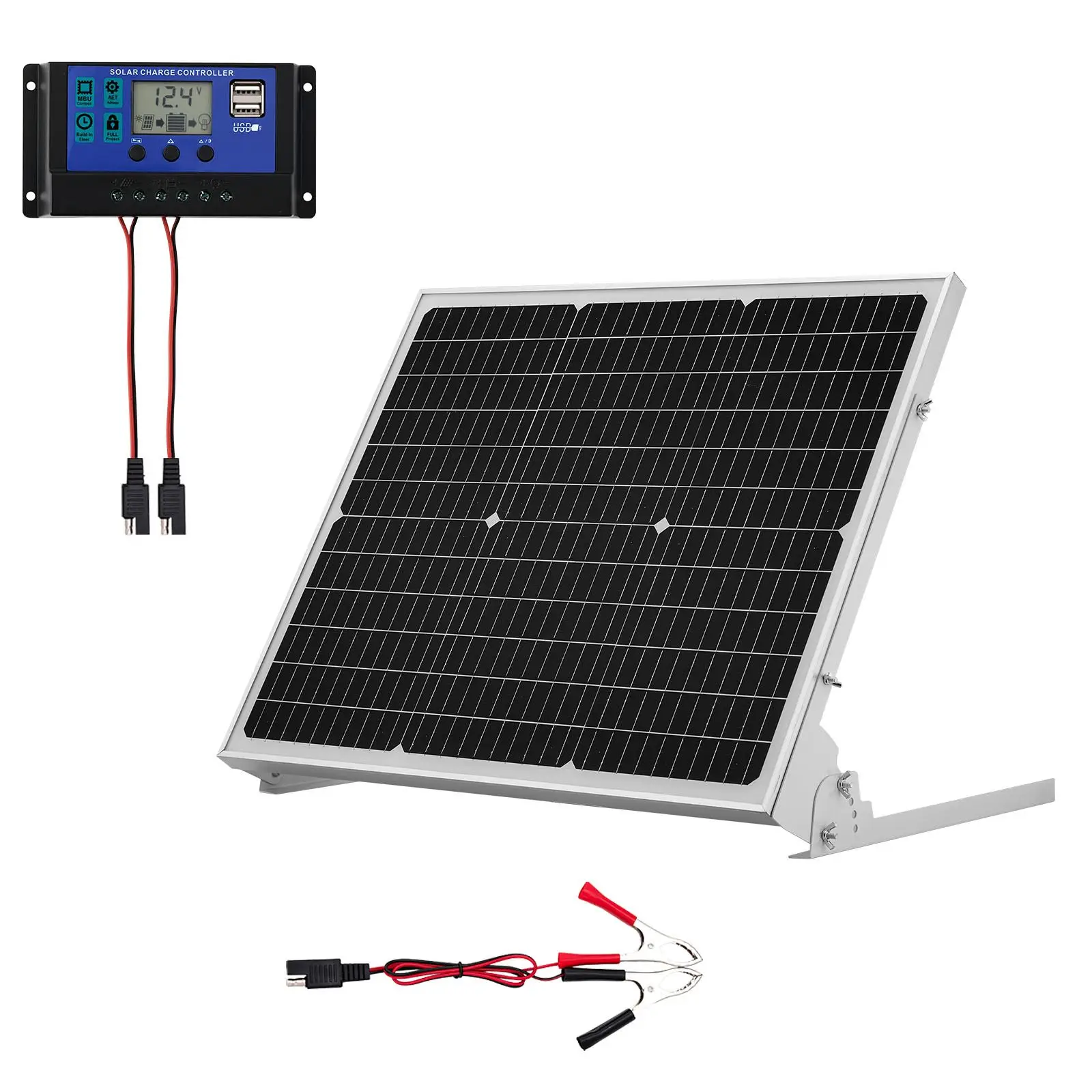 50W 12V Solar Battery Trickle Charger Maintainer, Mono Solar Panel Battery Charger with Upgraded MPPT Controller & Adjustable Mo