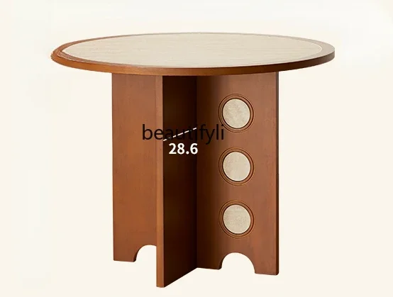 

Travertine slate round table Nordic retro solid wood household round dining table small apartment dining table