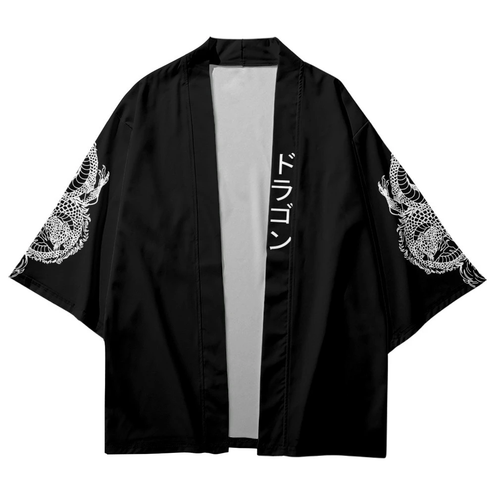 Kimono negro con estampado de dragón y mangas para hombre y mujer, ropa informal japonesa holgada, cárdigan Harajuku Haori, camisetas de Cosplay Yukata