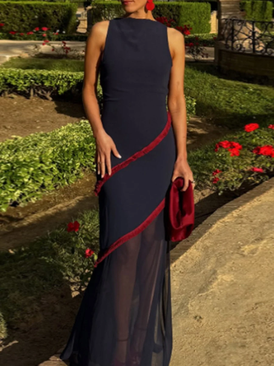 TWOTWINSTYLE – robe de soirée élégante en maille transparente épissée pour femmes, col rond, sans manches, taille haute, couleur amincissante