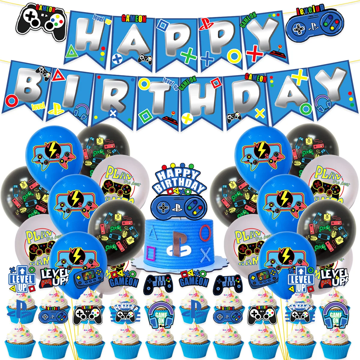 Blue Game Theme Happy Birthday Cake Insert,Game Happy Birthday Banner Party Decoration,Play Games Balloon